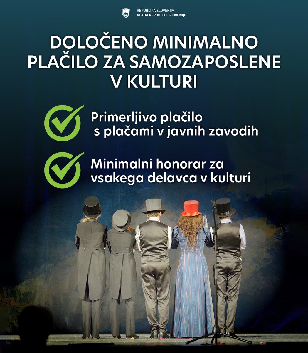 vladaRS's tweet image. 📢 Z Uredbo o minimalnem plačilu za samozaposlene v kulturi samozaposlenim zagotavljamo primerljivo plačilo z javnimi uslužbenci.
Prvič smo določili:
✅ izhodiščno urno postavko,
✅ minimalno začetno plačilo in
✅ seznam primerljivih poklicev med samozaposlenimi in zaposlenimi v…