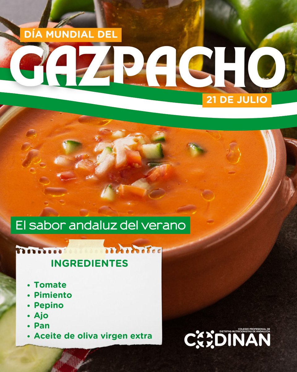🍅  Cada 21 de julio celebramos el #DíaMundialDelGazpacho, el plato de cuchara por excelencia del verano que tiene su origen en Andalucía.

Esta sopa fría hecha a base de tomate, pepino, pimiento, ajo, aceite de oliva, vinagre y agua es un gran ejemplo de alimentación saludable.