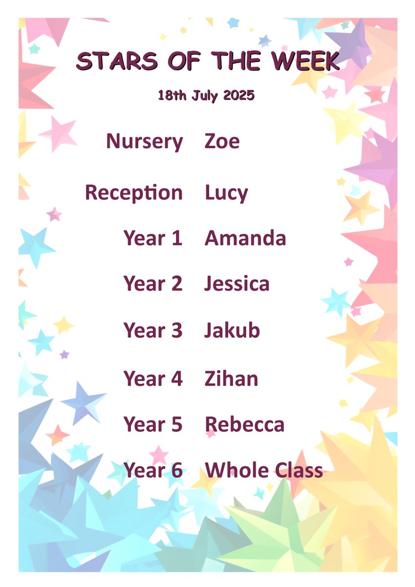 Congratulations to our Stars of the Week! Next week will be our Stars of the Term