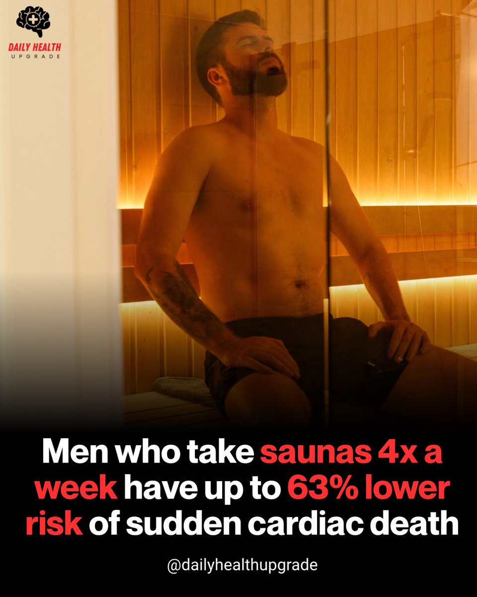 DHealthUpgrade's tweet image. Studies found that men who used a sauna 4x a week had a 63% lower risk of sudden cardiac death compared to those who didn’t.

Saunas aren’t just relaxing — they mimic cardiovascular exercise, improving blood flow, reducing inflammation, and even boosting longevity.
