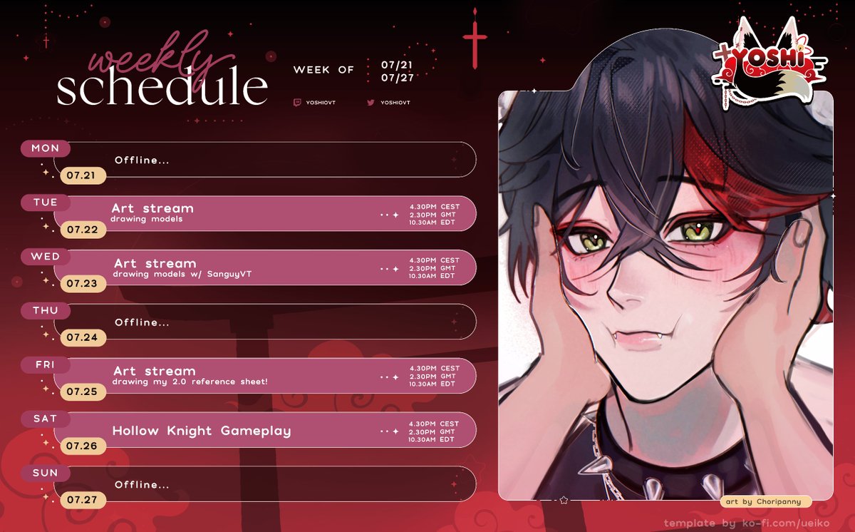 YoshioVT's tweet image. Weekly schedule
07/21 - 07/27
-2 weeks to my summer break 🕶️🏝️
I'll mostly stream in solo in the next weeks
be my company during these hot days 🔥
🗓️: #ueiko_
🎨: #Choripanny