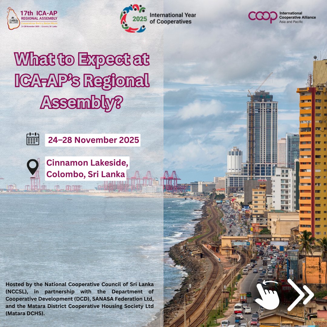 ICAAPAC's tweet image. Colombo’s calling! 🌴
17th ICA-AP Regional Assembly | 24–28 Nov 2025
Committees, forums, elections &amp;amp; more. Pre-event: Research Conf (23 Nov).
Register now: icaap.coop/RA2025/registr…
#ICAAPRA2025 #AyubowanCoops #CoopsYear #CooperativesBuildaBetterWorld