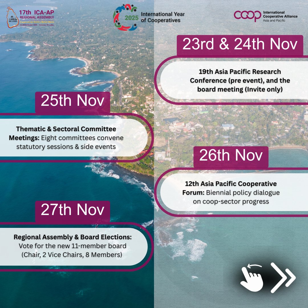 ICAAPAC's tweet image. Colombo’s calling! 🌴
17th ICA-AP Regional Assembly | 24–28 Nov 2025
Committees, forums, elections &amp;amp; more. Pre-event: Research Conf (23 Nov).
Register now: icaap.coop/RA2025/registr…
#ICAAPRA2025 #AyubowanCoops #CoopsYear #CooperativesBuildaBetterWorld