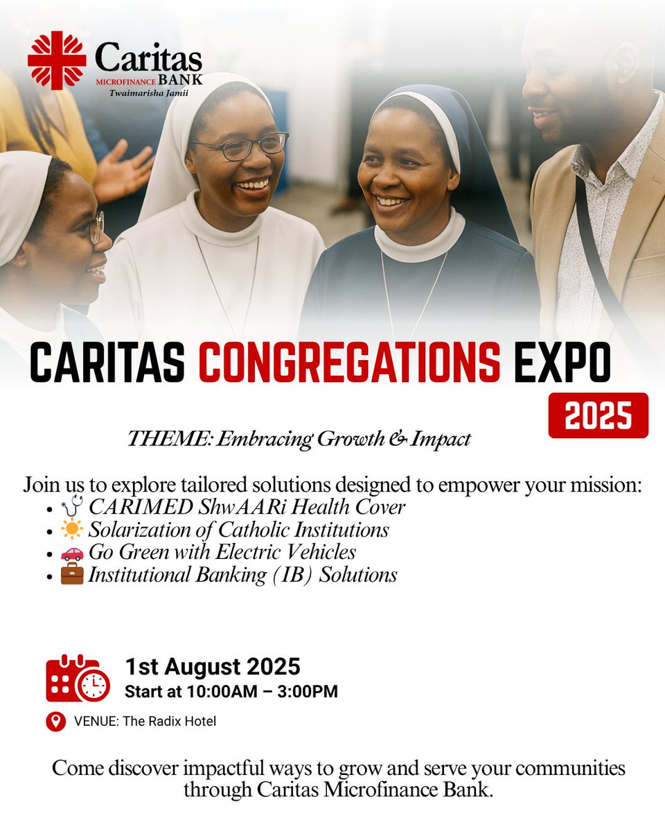 You're Invited!
Join us at the #CaritasCongregationsExpo2025 as we explore faith-driven solutions that empower growth and impact!

Date: 1st August 2025
Venue: The Radix Hotel
Time: 10:00AM – 3:00PM

#CaritasExpo2025 #EmpoweringCommunities #CaritasAt10