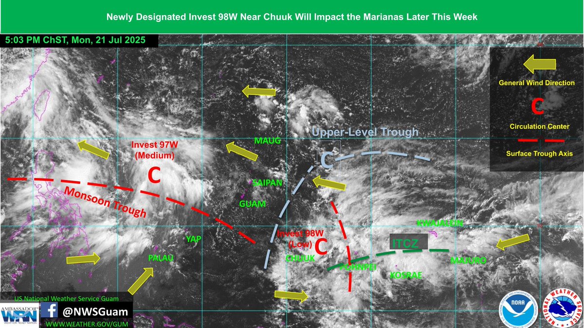NWSGuam's tweet image. Quiet conditions are currently seen across the Marianas, but Invest 98W will approach the region later this week. Very heavy rainfall will be possible along with gusty winds. #GUwx