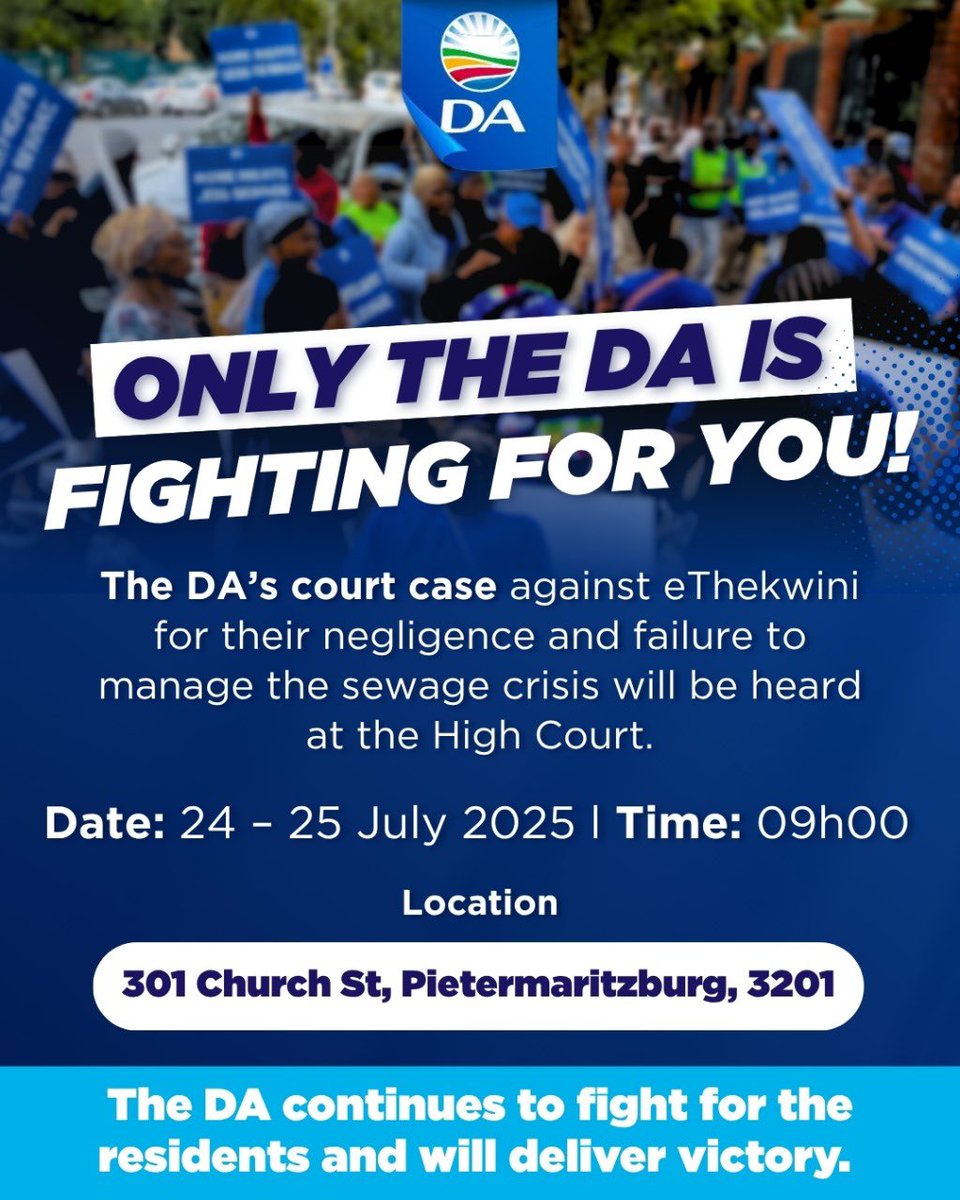 DA_KZN's tweet image. Only the DA is fighting for you!
The DA’s court case against eThekwini for their negligence and failure to manage the sewage crisis will be heard at the High Court.
The DA continues to fight for the residents and will deliver victory.