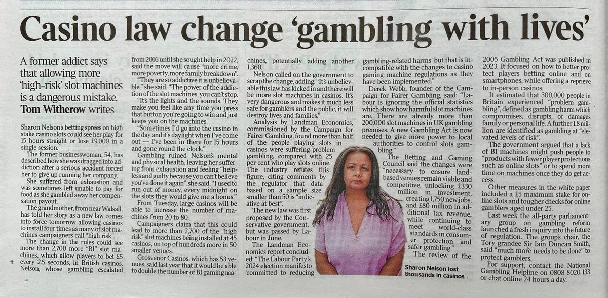 cleanupgambling's tweet image. This week, UK casinos are allowed to install 4x the number of the most addictive, high-jackpot "B1" slot machines.
Official stats indicate more than half of those who play them suffer problem gambling.
So why is @DCMS allowing thousands more into society?
In today's @thetimes