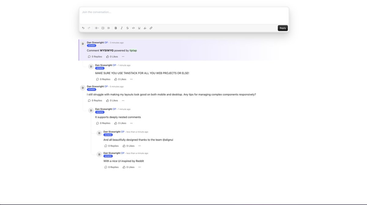 ItsDaaaaniel's tweet image. roast my UI!
Been working on a nested comment feature. It has likes, featuring and and bulk delete.
Powered by:
- @tan_stack everything!!!!
- @alignui for beautiful UI thanks to @ersadwork
- @tiptap_editor for the editor
- @neondatabase with @DrizzleORM