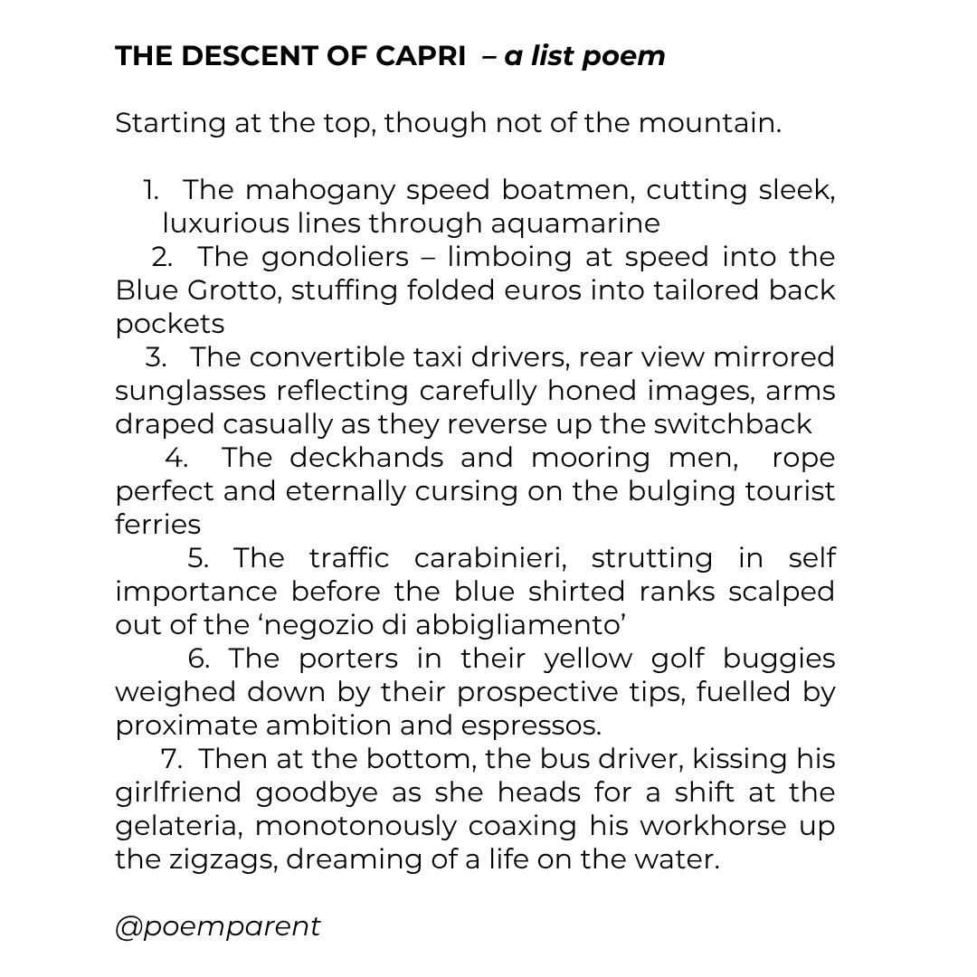 poemparent's tweet photo. Final poem from recent Italian adventures. Apparently list poems are a thing for July.
#amalficoast #capri #bluegrotto #bluegrottocapri #capriisland #listpoem #julylistpoem #poetry #poemoftheday #poemaday #poetrycommunity
#poem #dailypost #dailypoem #dailypoems #writing https://t.co/rLlp6uyWKg