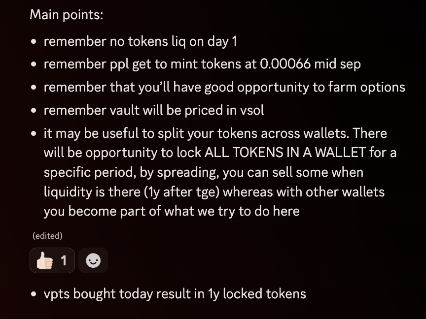 Ahead of <a href="/thevaultfinance/">The Vault on Solana</a> TGE, some key points I shared in discord, in various DMs and during calls