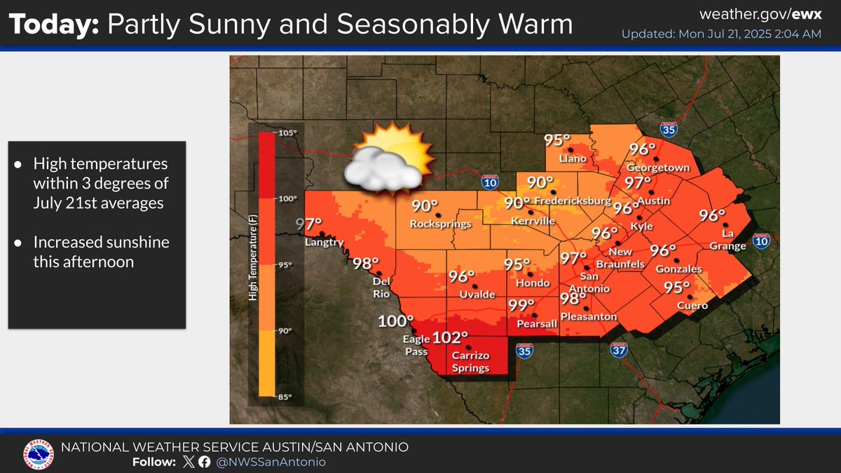 NWSSanAntonio's tweet image. Temperatures will be within a few degrees of late July averages. Slight chances of rain return to areas near the Coastal Plains this coming weekend. Otherwise, rain is not expected.