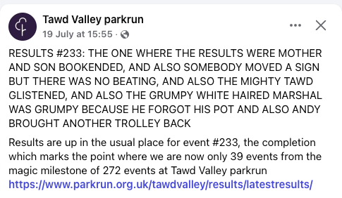 DrDavidJeffery's tweet image. A big day for my parkrun obsession as both MamaJ and I make it into the Tawd Valley race report (and they spelt my name properly😍).
Is this fame?