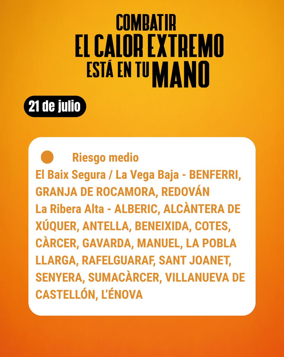 ⚠️🌡️ #AlertaCalor: 🔴🟠Aviso de riesgo por altas temperaturas el 21/07

ℹ️ Previsión fin de semana 👉comunitatvalenciana.meteoclim.com