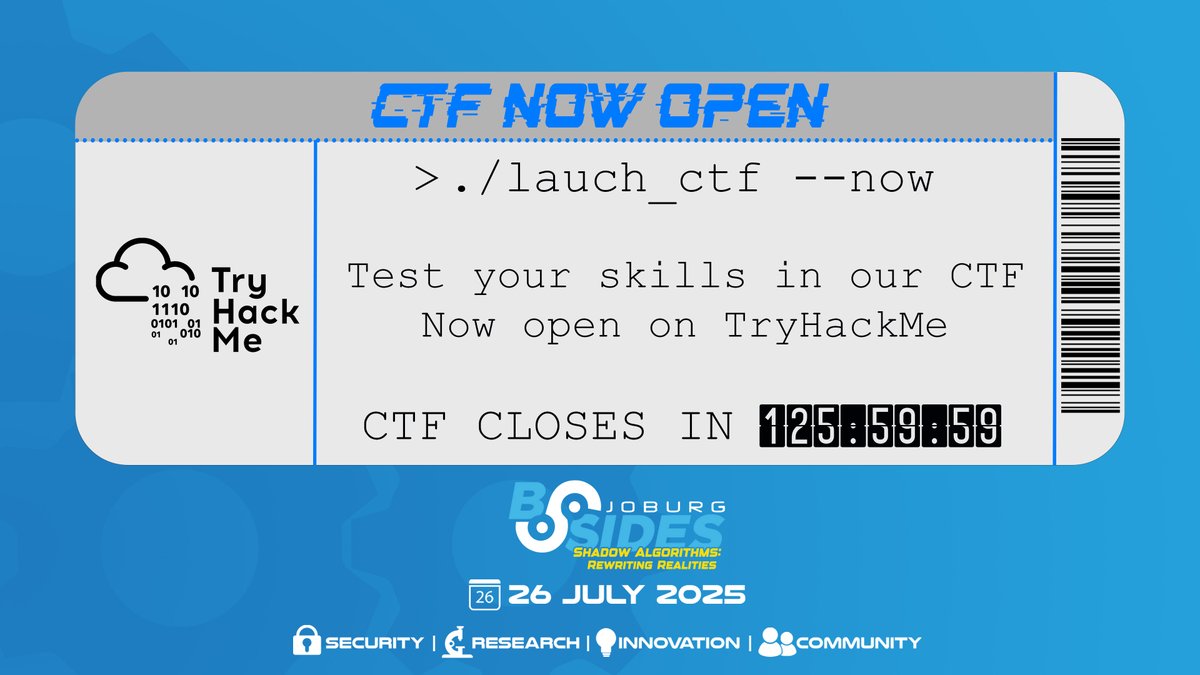 The BSides Joburg CTF is now open on TryHackMe!  Compete anytime until 3PM Saturday. We will be releasing new challenges on Wednesday  and Friday. 
Create a TryHackMe account if you haven't already and then click here to join our CTF: tryhackme.com/jr/bsidesjohan…