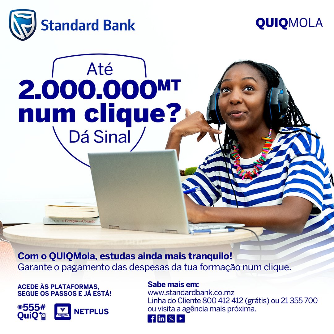 Com o QuiQMola, pagar a tua formação fica ainda mais fácil! Se tens uma Conta Salário no Standard Bank há 6 meses, podes ser elegível para acederes a valores entre 15 mil e 2 milhões de meticais de forma rápida, simples e segura, através dos nossos canais digitais.

Qualquer