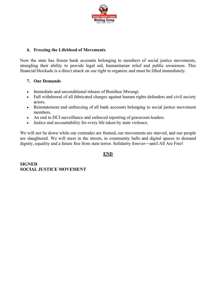 The Social Justice Movement condemns Kenya's STATE TERROR on HRDs. <a href="/bonifacemwangi/">The People’s President</a> is facing false charges, grassroots leaders are harassed and HRDs targeted. 

We demand unconditional release of <a href="/bonifacemwangi/">The People’s President</a>, and justice to all HRDs killed and being held by state machinery.