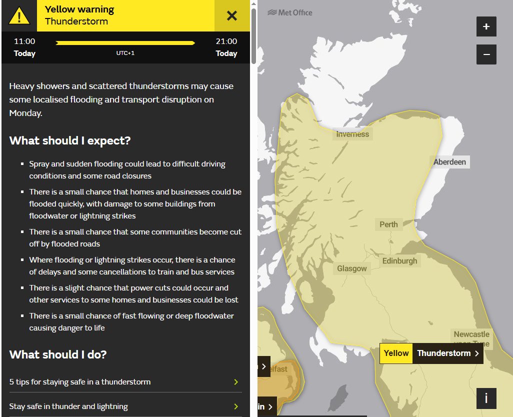 A Met Office yellow warning will be in force today from 11am-9pm, as heavy showers and scattered thunderstorms may cause some localised flooding and transport disruption.

Further information: bbc.co.uk/weather/warnin…

Joy