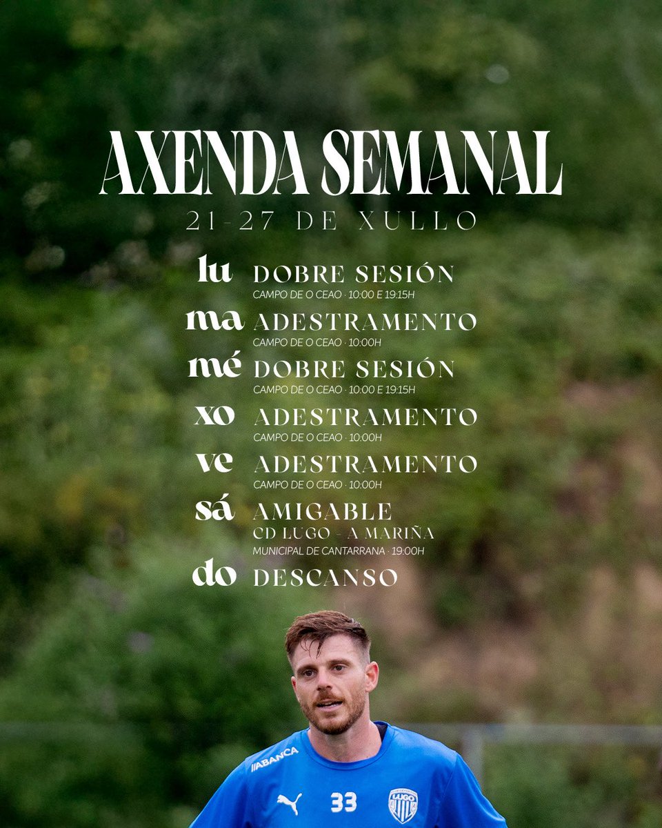 📒 𝗔𝗫𝗘𝗡𝗗𝗔 𝗦𝗘𝗠𝗔𝗡𝗔𝗟 | 21-27 de xullo. 

🔜 Esta semana xogamos o noso primeiro amigable da pretempada.

#PretempadaAlbivermella
#ForzaLugo