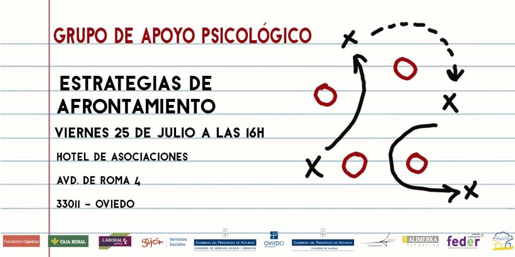 Grupo de Apoyo “ESTRATEGIAS DE AFRONTAMIENTO” el viernes 25 de julio, de 16:00h a 18:00h.

Se analizarán algunas técnicas para:
- Manejar el dolor.
- Mejorar el equilibrio.
- Reducir la fatiga.
- Y mejorar la calidad de vida en general.

¡Anímate a venir
