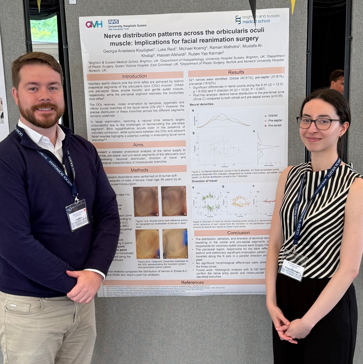 🔬The anatomy team at #BSMS attended the #AnatomicalSociety Conference at <a href="/UniofOxford/">University of Oxford</a> last week. 

IRP student Georgia Koudigkeli presented a poster on nerve distribution in the orbicularis oculi, co-supervised by Luke Reid (BSMS) &amp; Ruben Kannan (Consultant Plastic Surgeon).👏