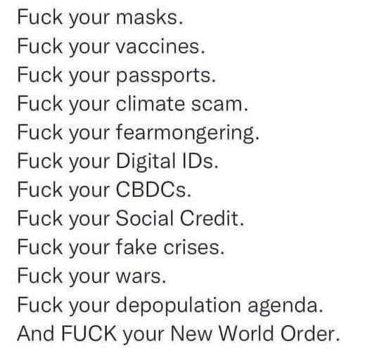 Just_Rad's tweet image. Fuck the government, fuck WEF , Fuck WHO , Fuck UN !
I will not comply to any of your BS !