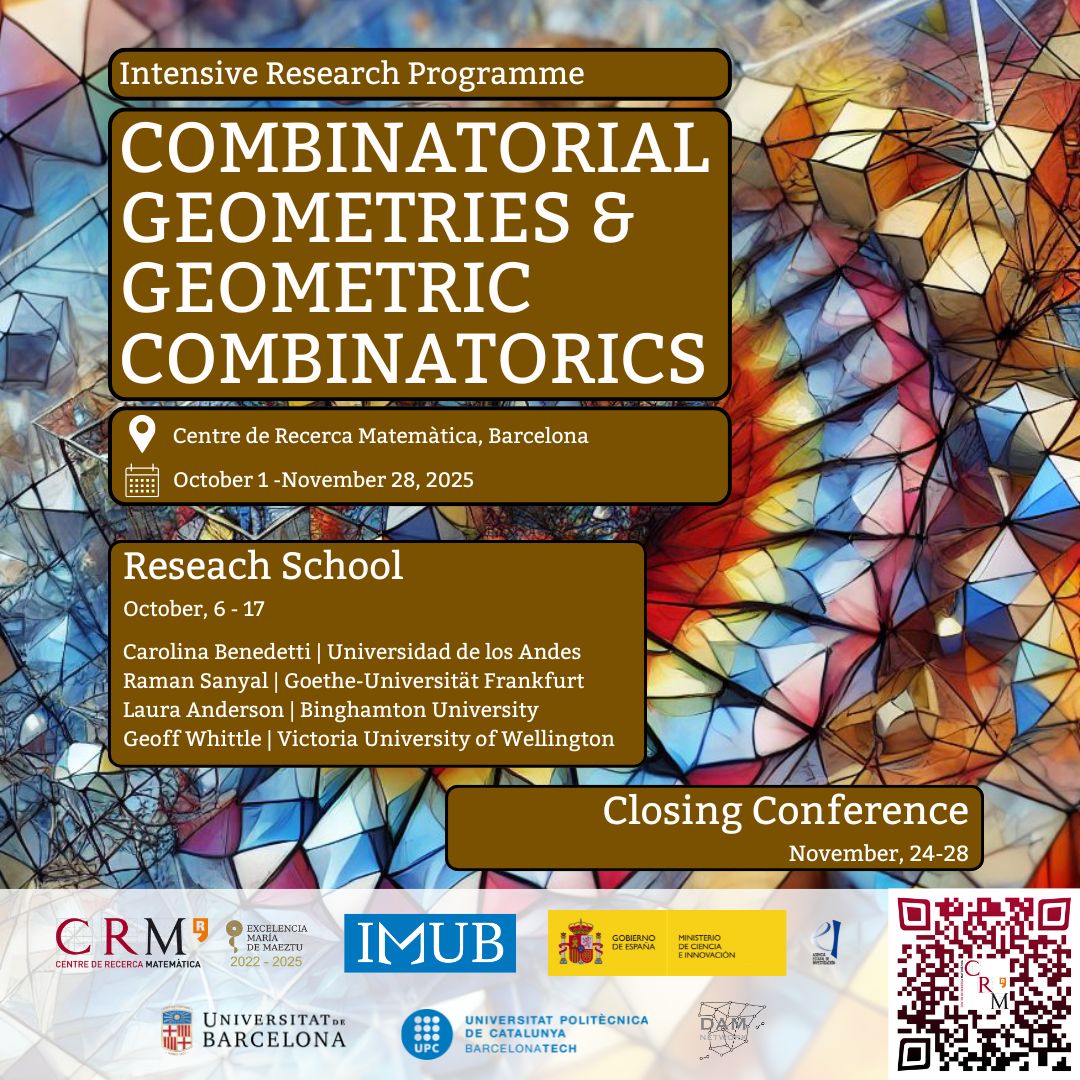 CRMatematica's tweet image. 📢 Don't miss the upcoming activities! 📢
MdM Focused Research Programme on Combinatorial Geometries & Geometric Combinatorics
🔗 crm.cat/irp-mdm-112025/
📅Registration deadline for the Research Schools: 14/09/2025
Registration deadline for the Closing Conference: 02/11/2025