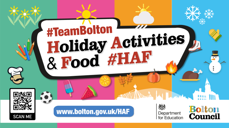 Free holiday activities for young people in the summer holidays!  Scan the QR code or check out the link below for more information in your area: bolton.gov.uk/HAF #TeamBolton