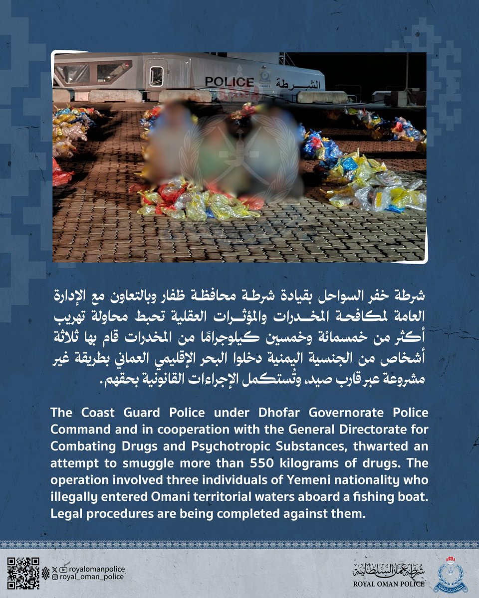 شرطة خفر السواحل بقيادة شرطة محافظة ظفار وبالتعاون مع الإدارة العامة لمكافحة المخدرات والمؤثرات العقلية تحبط محاولة تهريب أكثر من خمسمائة وخمسين كيلوجرامًا من المخدرات قام بها ثلاثة أشخاص من الجنسية اليمنية دخلوا البحر الإقليمي العماني بطريقة غير مشروعة عبر قارب صيد، وتُستكمل