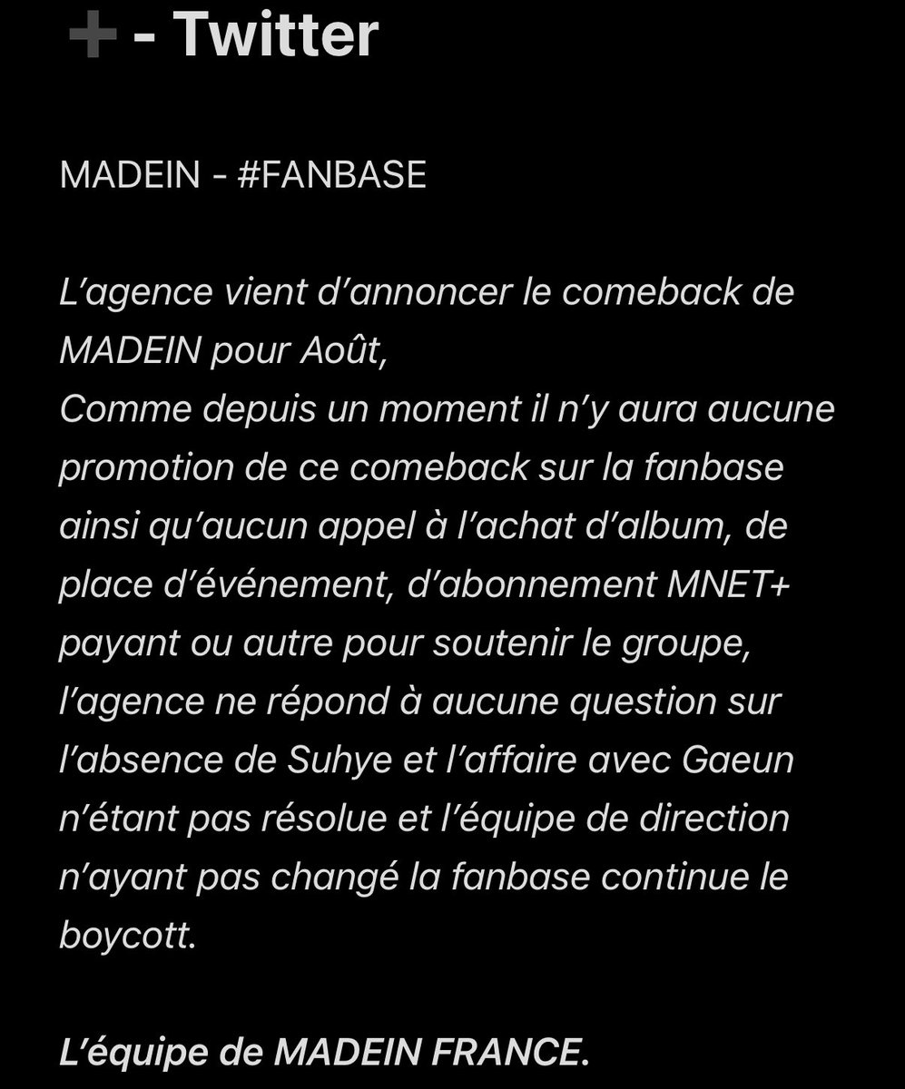 MADEIN FRANCE 🇫🇷 (@madein_fr) on Twitter photo ➕- Twitter
Annonce de la fanbase suite à l’annonce du comeback de MADEIN, merci de bien lire !🤍
➕- <a href="/MADEIN_FR/">MADEIN FRANCE 🇫🇷</a>
➕- #MADEIN #메이딘 #メイディン #MASHIRO #YESEO #MiU #SUHYE #SERINA #NAGOMI #MABY #항상_수혜와_함께 #BOYCOTT143ENT
#JUSTICEFORGAEUN
#FREEMADEIN ➕- Twitter
Annonce de la fanbase suite à l’annonce du comeback de MADEIN, merci de bien lire !🤍
➕- <a href="/MADEIN_FR/">MADEIN FRANCE 🇫🇷</a>
➕- #MADEIN #메이딘 #メイディン #MASHIRO #YESEO #MiU #SUHYE #SERINA #NAGOMI #MABY #항상_수혜와_함께 #BOYCOTT143ENT
#JUSTICEFORGAEUN
#FREEMADEIN