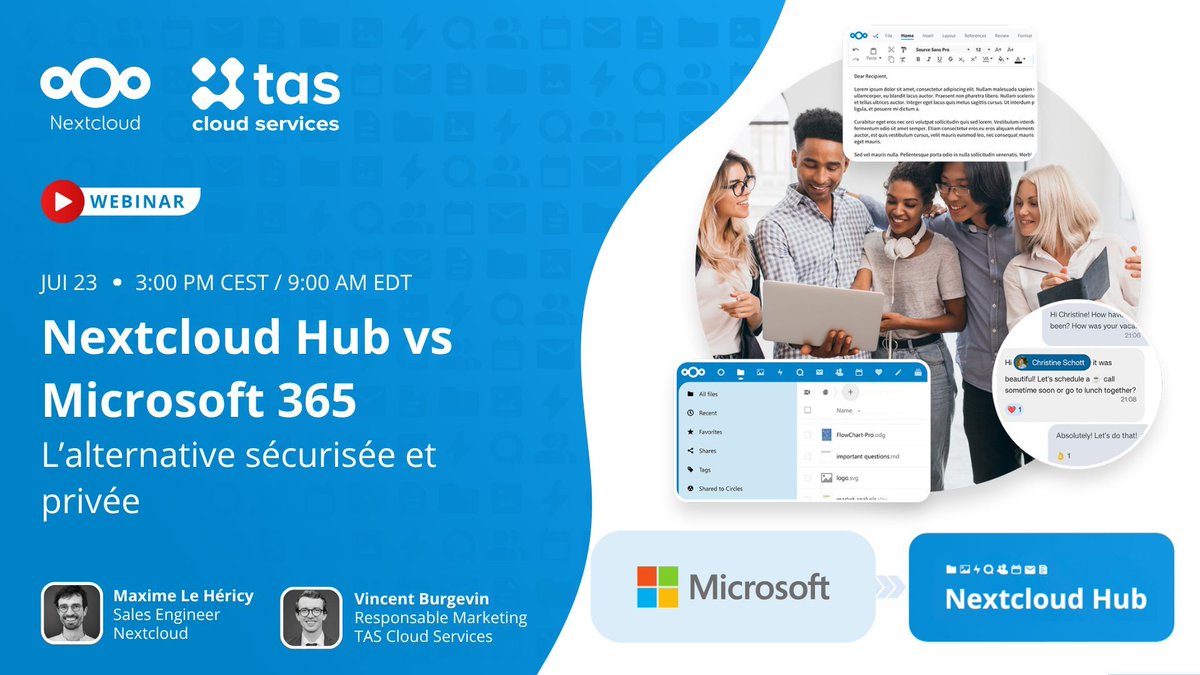 Nextclouders's tweet image. Feeling stuck with Microsoft 365? π¬ Join our French-language webinar on July 23 with Nextcloud & TAS Cloud Services π«π·
β
Reasons to switch from MS 365
β
Comparison with Nextcloud Hub
β
Live demo
β
Interactive Q&A
Register now π go.nextcloud.com/r/Ej7T