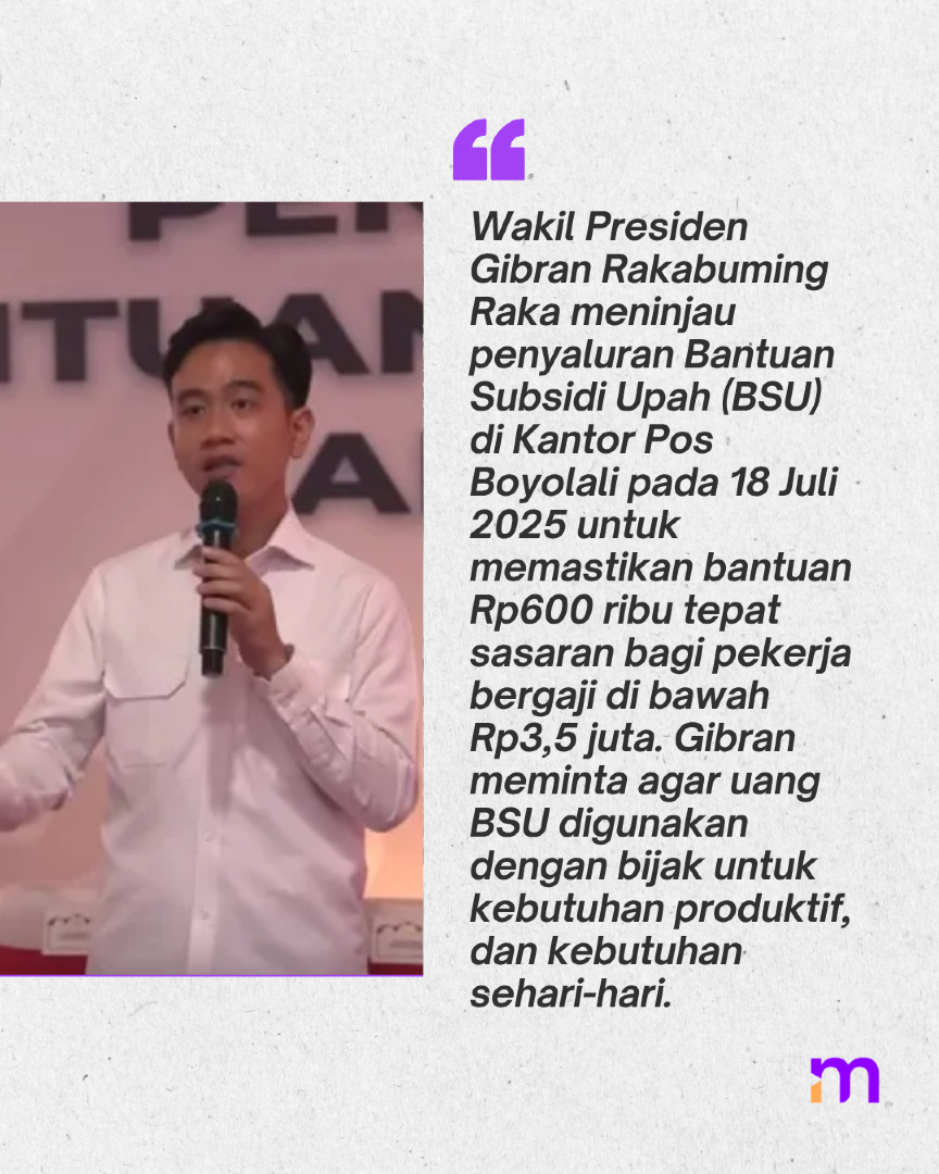 merdekadotcom's tweet image. Wapres Gibran ingatkan penerima BSU agar manfaatkan bantuan Rp600 ribu dengan bijak, jangan sampai digunakan untuk judi online atau hal negatif lainnya. 
#BSU #GibranRakabuming #Pemerintah #mdkan #mdknbl