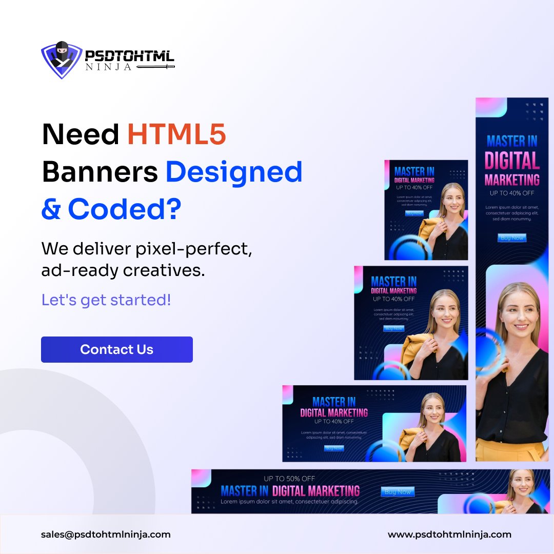 ninjapsdtohtml's tweet image. 🚨 Need HTML5 Banners Designed & Coded? 🚨
Pixel-perfect, ad-ready & mobile-friendly banners — designed + coded by pros. 🎨💻
⚡ Fast turnaround
📱 Responsive
🎯 Ad network ready
📩 sales@psdtohtmlninja.com
🔗 shorturl.at/aUiBW
#HTML5BannerDesign #HTML5Ads #HTML5Banner