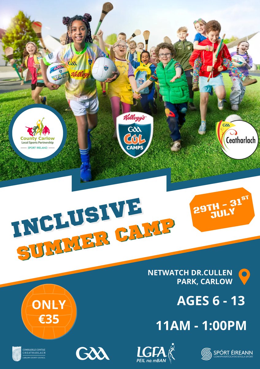 Reminder, the Last of our Cúl Camps are on next week in Dr. Cullen Park and sold out Ballinkillen. Dr Cullen is Also an inclusive camp for 3 days, and you can register here below: buytickets.at/carlowsportspa…

Register on the Cúl Camp for the week:
kelloggsculcamps.gaa.ie/booking/?count…