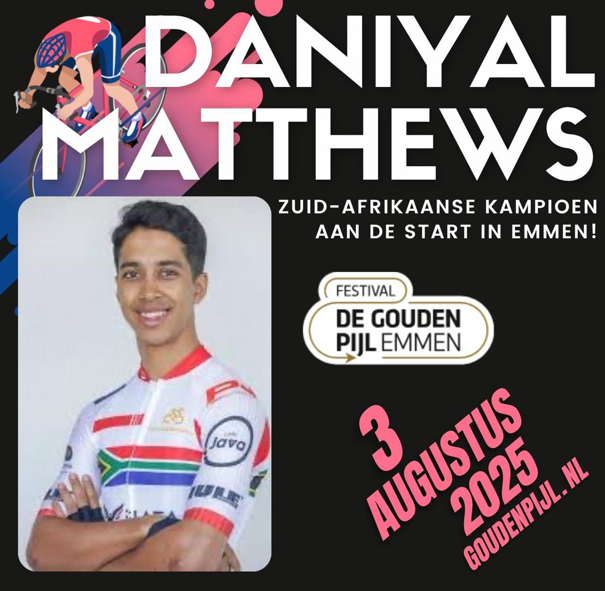 🇿🇦 Zuid-Afrikaans kampioen naar Gouden Pijl! 🚴‍♂️

Op 3 augustus schittert Daniyal Matthews in de Emmer binnenstad! De 26-jarige Matthews, uitkomend voor 7Eleven Cliqq Roadbike Philippines, neemt het op tegen Tour-renners 💥. Het wordt één van zijn eerste Europese koersen dit jaar.