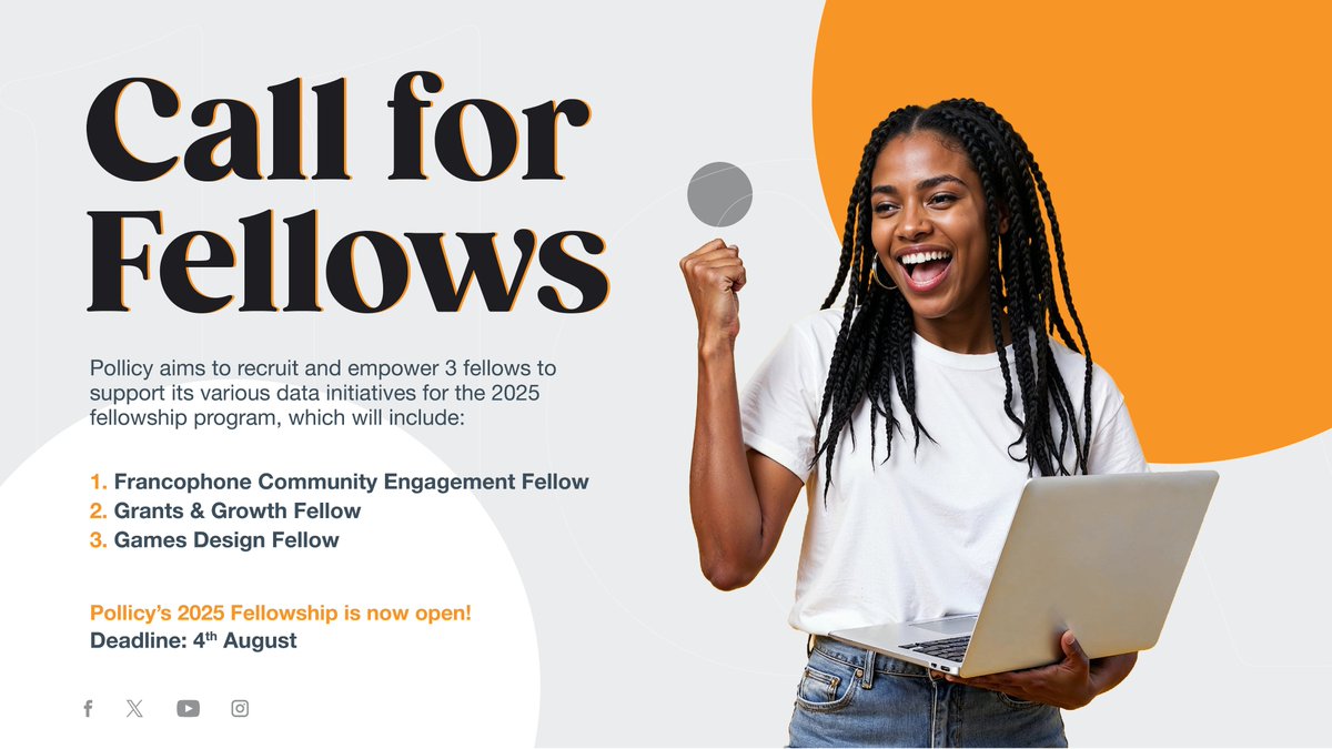 📢Calling all changemakers, creatives &amp; community builders!

Pollicy’s 2025 Fellowship applications are OPEN and we’re looking for 3 dynamic fellows to join us.  

✔️ Francophone Community Engagement Fellow
✔️ Grants &amp; Growth Fellow
✔️ Games Design Fellow

Apply here 👉🏾