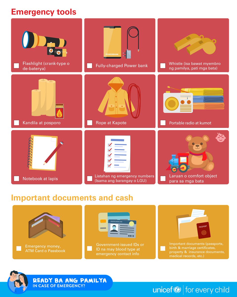 unicefphils's tweet image. Maging handa sa panganib na maaaring idulot ng habagat.

Maghanda ng GO BAG o Emergency Preparedness Bag kung sakaling kailangang lumikas.

Mag-ingat at maging alerto tayong lahat.