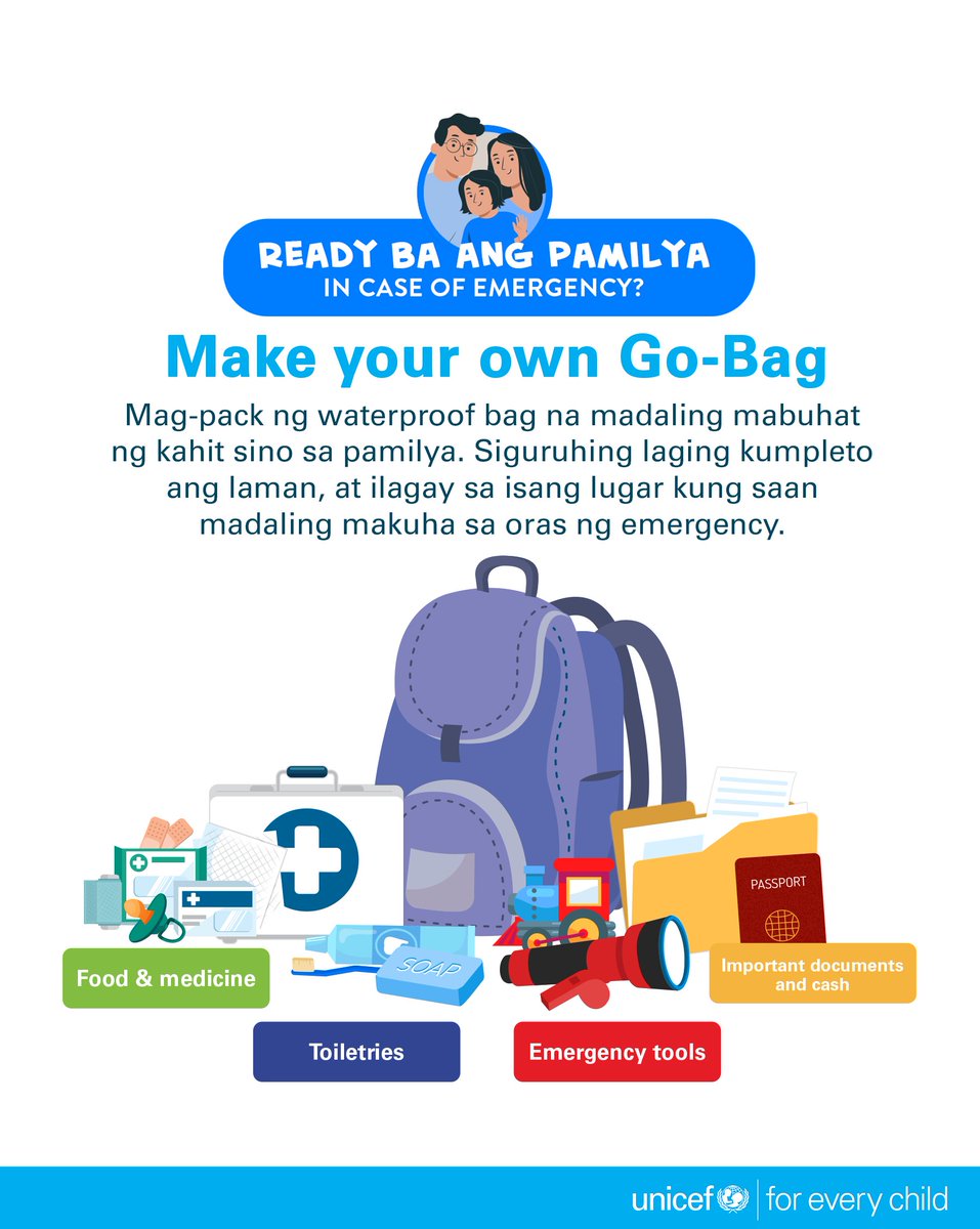unicefphils's tweet image. Maging handa sa panganib na maaaring idulot ng habagat.

Maghanda ng GO BAG o Emergency Preparedness Bag kung sakaling kailangang lumikas.

Mag-ingat at maging alerto tayong lahat.