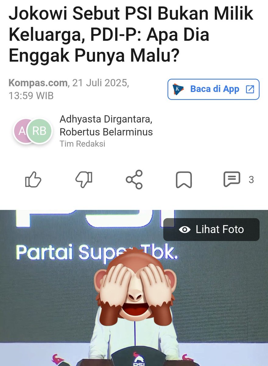 Ary (@ary_praske2) on Twitter photo Emang Mulyono Masih Punya Malu???
Dasar Muka Tembok!!
Jokowi Sebut PSI Bukan Milik Keluarga, PDI-P: Apa Dia Enggak Punya Malu?
<a href="/GunRomli/">Mohamad Guntur Romli</a> mempertanyakan apakah Jokowi masih memiliki rasa malu atau tidak.
Sebab, pernyataan Jokowi itu dilontarkan di hadapan anaknya sendiri, Emang Mulyono Masih Punya Malu???
Dasar Muka Tembok!!
Jokowi Sebut PSI Bukan Milik Keluarga, PDI-P: Apa Dia Enggak Punya Malu?
<a href="/GunRomli/">Mohamad Guntur Romli</a> mempertanyakan apakah Jokowi masih memiliki rasa malu atau tidak.
Sebab, pernyataan Jokowi itu dilontarkan di hadapan anaknya sendiri,