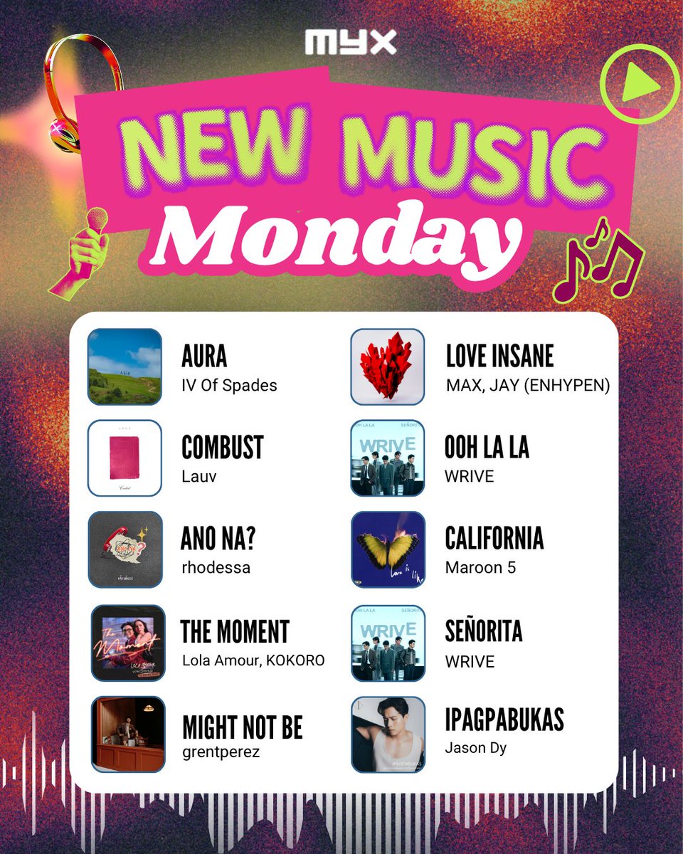 Fresh drops for your playlist refresh 🎧✨ Start your week right with these new tracks on MYX New Music Monday!

Aura by <a href="/IVOFSPADES/">IV OF SPADES</a> 
Combust by <a href="/lauvsongs/">lauv</a> 
Ano Na? by rhodessa
The Moment by <a href="/lolaamourmusic/">LOLA AMOUR ❤️🔁</a>, KOKORO
Might Not Be by <a href="/grentperez/">grant ☆</a> 
Love Insane by <a href="/MAXMusic/">MAX</a>, JAY