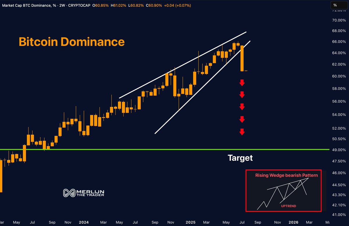 THE ALTCOIN SIGNAL JUST FIRED.

$BTC.D is breaking the wedge.
The target? Sub-50%.

That’s not noise. That’s a rotation.
Altcoins are ready to melt faces.