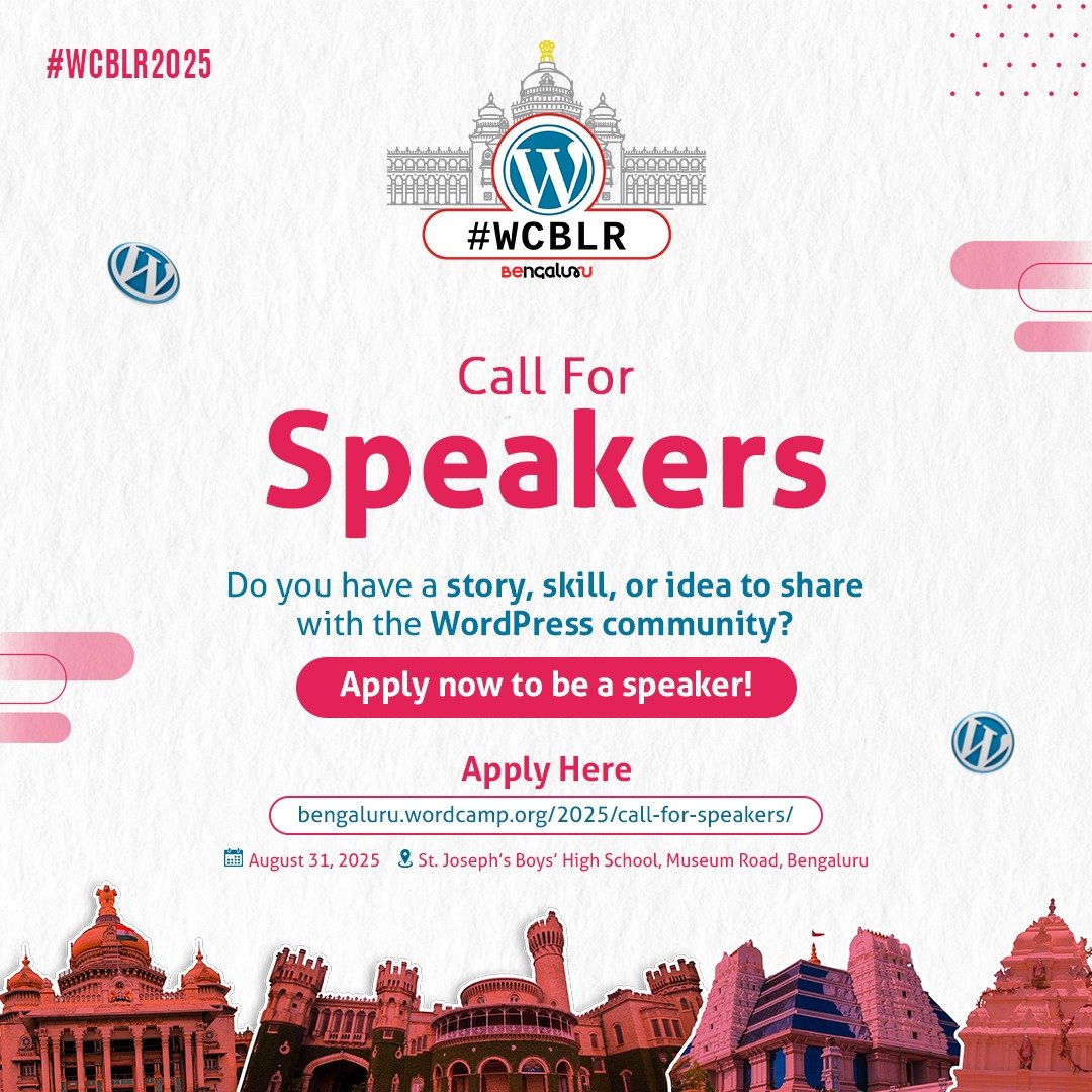 🎤 Calling all WordPress enthusiasts! 
🚀 The WordCamp Bengaluru 2025 Call for Speakers is now OPEN!

Have an inspiring story, hands‑on tutorial, or innovative project to share? 

👉 Apply here: shorturl.at/ZtEyZ

📅 Deadline: August 4th, 2025
📍 Conference date: August 31