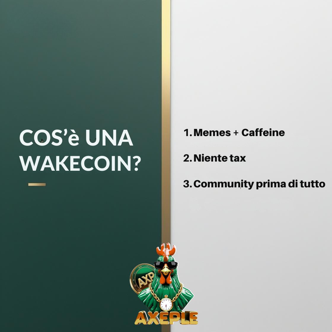 Che cos’è una wakecoin? 1) Meme + caffeina 2) Niente tax 3) Community prima di tutto. #Axeple #AXP #Wakecoin #CryptoMeme #MemeToken #CryptoCommunity #NoLunaMaPuntuale #SvegliaAlle630 #CaffèAmaroClub #BlockchainFun
