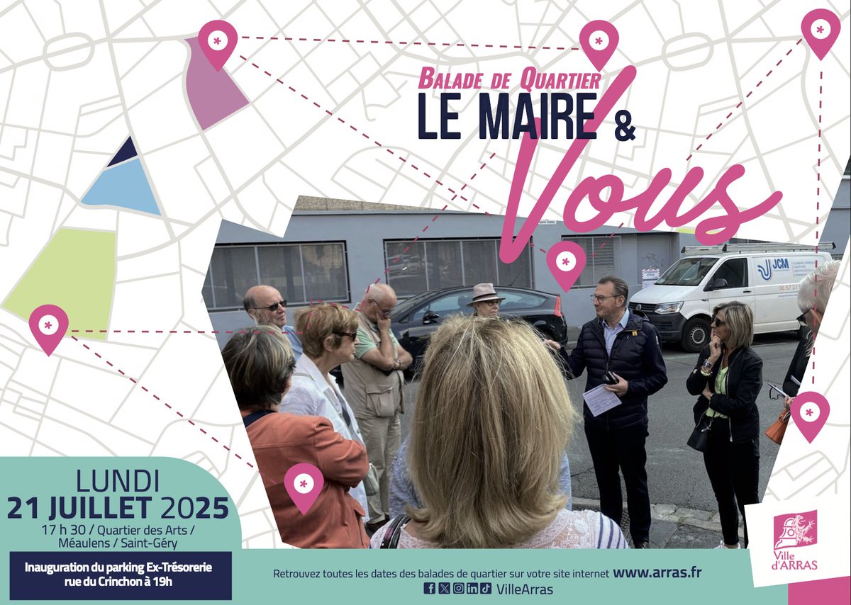 VilleArras's tweet image. 🚶‍♀️ Ce soir, @fleturque vous invite à une balade de quartier à #Arras ! Méaulens, Saint-Géry, Minelle… et inauguration du parking Ex-Trésorerie à 19h 🅿️
Un temps d’échange au cœur des projets locaux 🗣️
#BaladeDeQuartier #VieLocale #CadreDeVie