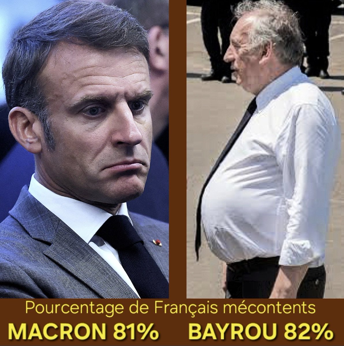 4 FRANÇAIS SUR 5
NE SUPPORTENT PLUS CES 2 CLOWNS
🤡MACRON dépasse 80% de mécontents pour la 1re fois
🤡BAYROU est le PM le plus impopulaire de toute la Ve République : 82% de mécontents
Et ils donnent des leçons de démocratie au monde entier !

Sondage JDD
lejdd.fr/politique/sond…