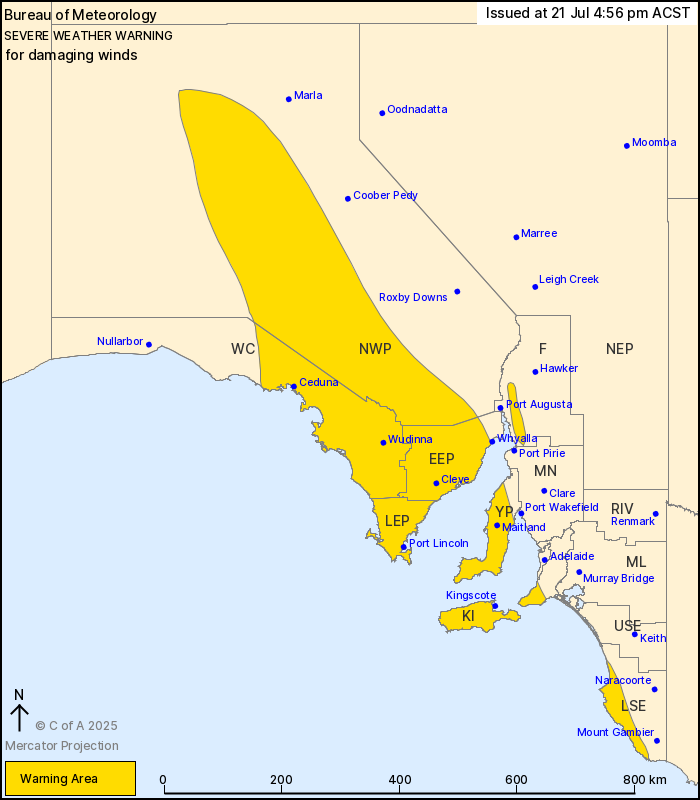 .<a href="/BOM_SA/">Bureau of Meteorology, South Australia</a> has updated a Severe Weather Warning ⚠️ for DAMAGING WINDS 💨 Eyre Peninsula, Yorke Peninsula, Kangaroo Island, Mount Lofty Ranges, West Coast, Flinders, Lower SE &amp; NW Pastoral districts

Issued 4:56pm 21 July 2025
bom.gov.au/products/IDS21…