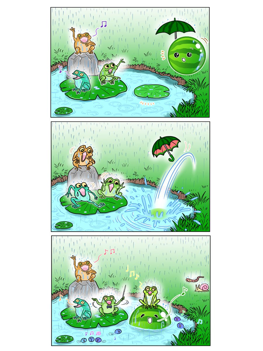 SuikaGame_jp's tweet image. 🐸🐸🐸🎤
↓
🍉☂️↗️↘️🌊
↓
🐸🐸🐸🍉🐸🎤