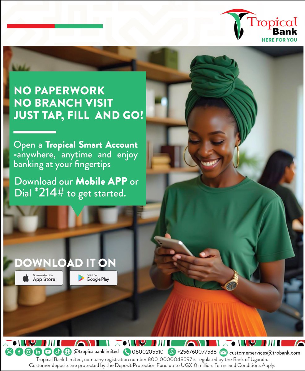 TropicalBankUG's tweet image. No Paperwork
No Branch Visit
Just Tap, Fill and Go!
Open a Tropical Smart Account -anywhere, anytime and enjoy banking at your fingertips.
Download our Mobile App or dial *214# to get started.
#HereForYou #TropicalMobileBanking #TropicalSmartAccount