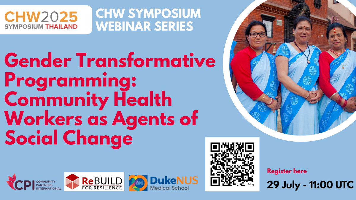 ReBUILDRPC's tweet image. Join our webinar... Gender Transformative Programming: Community Health Workers as Agents of Social Change
Tuesday 29 July – 11 UTC / 12 UK / 18 ICT
Details & registration here: rebuildconsortium.com/community-heal…
In partnership with @cp_intl and featuring perspectives from…
