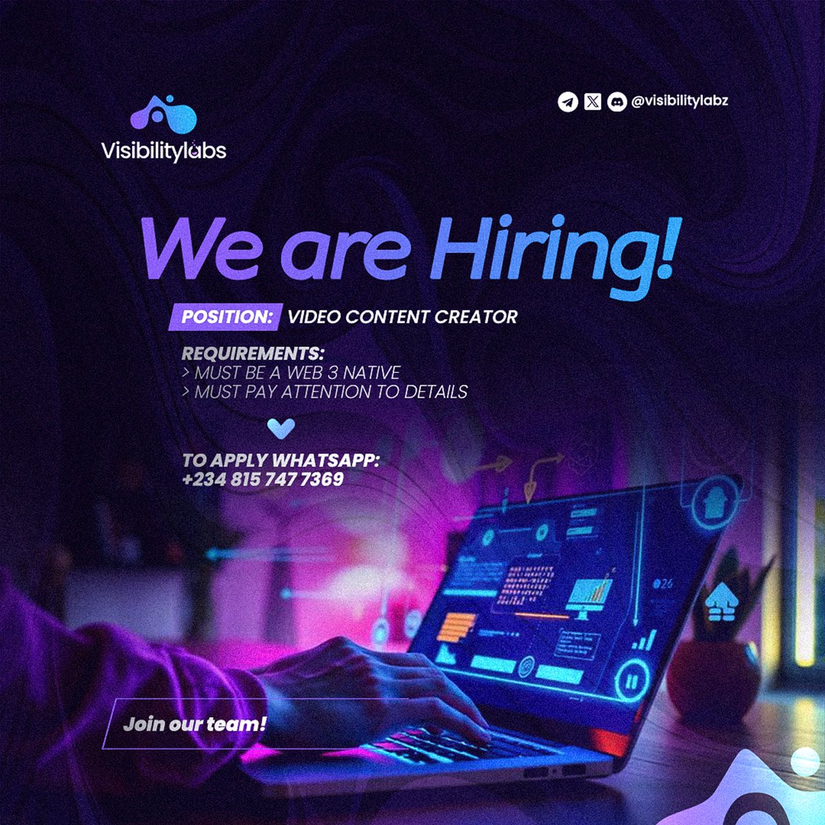 🚨WE’RE HIRING

VisibilityLabz is looking for a Video Content Creator🎬

Someone who’s Web3-native
Knows how to tell a story through edits
And pays attention to the little things most people miss

If you:
+ Think in transitions
+ Live for creative storytelling
+ Understand what