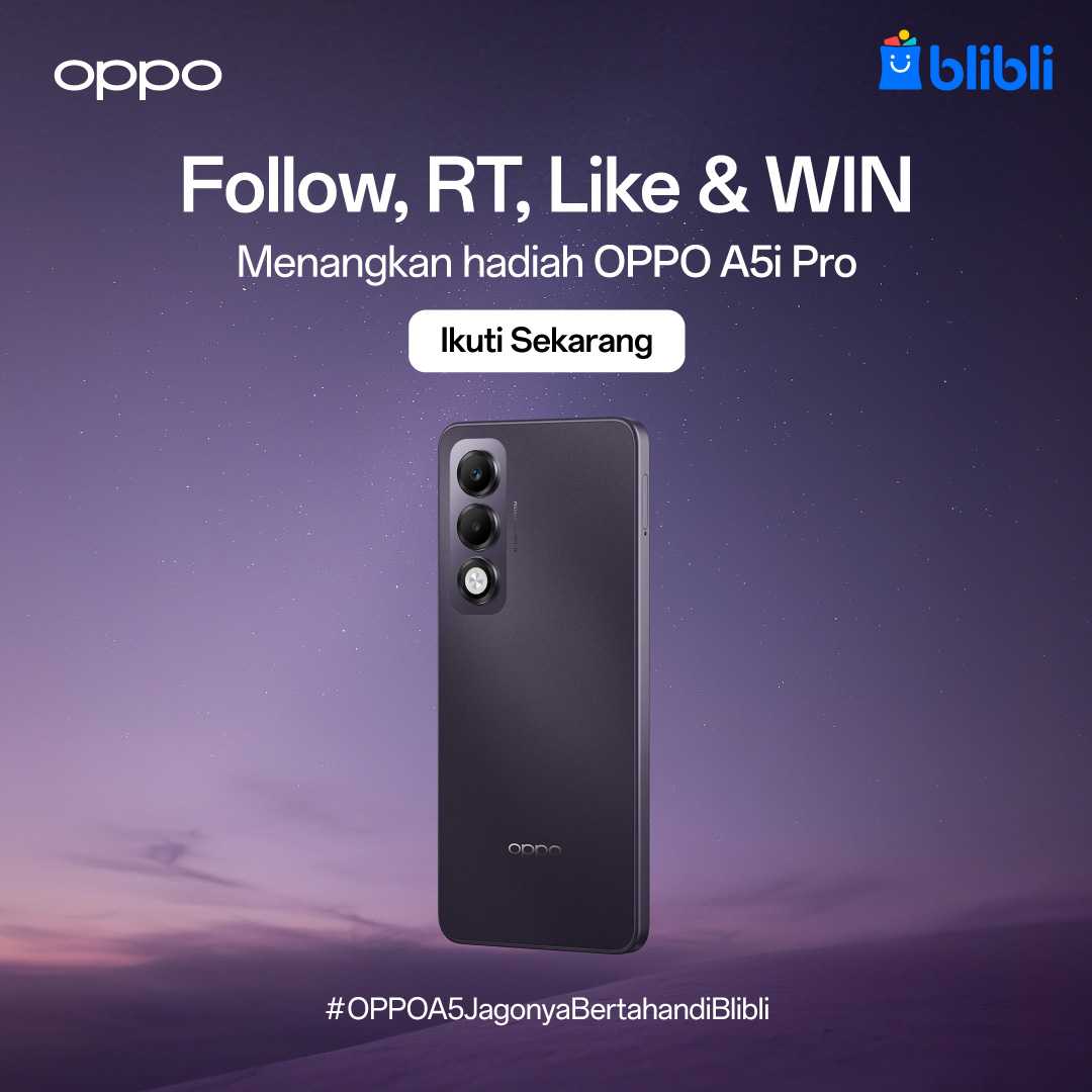 Yuk ikutan Giveaway Spesial dari OPPO

🎉 Menangkan OPPO A5i Pro 5G GRATIS!

1. Follow akun <a href="/OPPOIndonesia/">OPPO Indonesia</a> <a href="/bliblidotcom/">Blibli</a>
2. Retweet &amp; Like postingan ini 
3. Reply &amp; Quote Tweet dengan #OPPOA5JagonyaBertahandiBlibli

📆 Periode: 22–28 Juli 2025
Goodluck🩵💙
#Festival14th